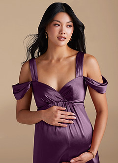 Azazie Rhea Maternity Bridesmaid Dresses A-Line Pleated Metallic Satin Floor-Length Dress image3