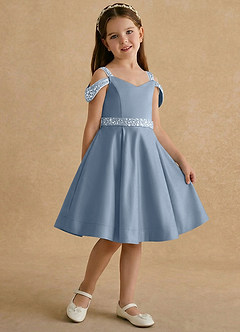 Azazie Judi Jurken voor bloemenmeisjes A-Lijn Jurk van Mat Satijn Stoffig Blauw image4