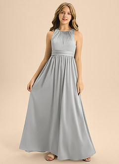 Azazie Jaylah Junior Silver A-Line Pleated Stretch Satin Dress image4