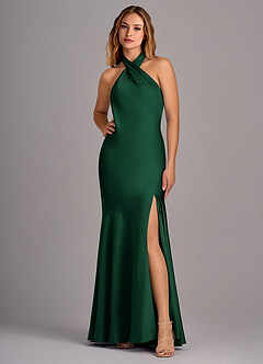 Azazie Lorena Robes de demoiselle d'honneur Robe Sirène en Satin extensible Plissée Vert Foncé image1