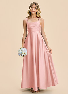 Azazie Azaria Junior Powder Pink A-Line Pleated Stretch Satin Dress image1