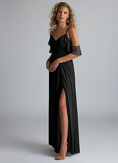 Azazie Fiena Final Sale Black A-Line V-neck Ruched Mesh Dress image2