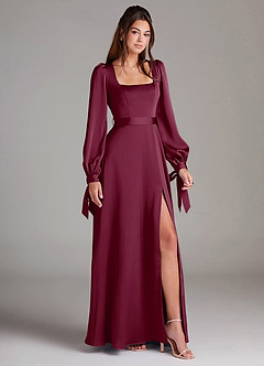 Azazie Leonia Bridesmaid Dresses Mulberry A-Line Long Sleeve Stretch Satin Dress image3