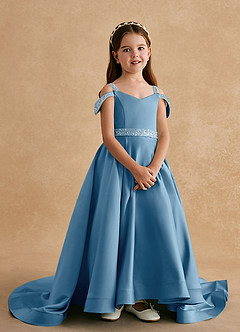 Azazie Jodi vestidos de niña de las flores Vestido de Azul Acero de Satin Mate de Corte En A image4