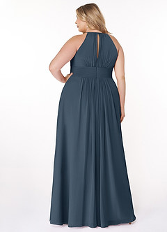 Azazie Bonnie Brautjungfernkleider A-Linie Schlüsselloch Gerüscht Chiffon Kleid Neptunblau image7
