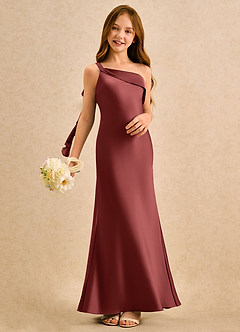 Azazie Almond Girls Formal Jurken voor bloemenmeisjes Kokerjurk Jurk van Stretch Satijn One-shoulder Terracotta image2