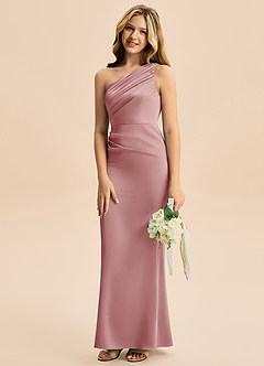 Azazie Akilah Junior Dusty Rose Sheath Pleated Stretch Satin Dress image5