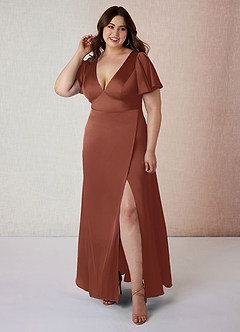 Azazie Lani Brautjungfernkleider A-Linie Volantärmel Stretch-Satin Kleid Rotbraun image7