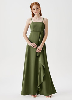 Azazie Kaylee Junior Olive A-Line with Belt Stretch Satin Dress image1
