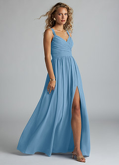 Azazie Aziza Brautjungfernkleider A-Linie V-Hals Gefaltet Chiffon Kleid Stahlblau image3