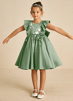 Azazie Sue Ellen Flower Girl Dresses Matcha A-Line Bow Matte Satin Dress image3