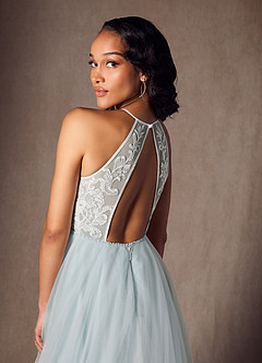Azazie Odell At-home Try On Dresses Misty Blue A-Line Halter Sequins Tulle Dress image5
