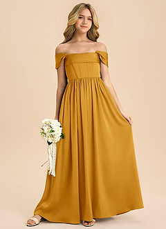 Azazie Hattie Junior Butterscotch A-Line Pleated Stretch Satin Dress image3