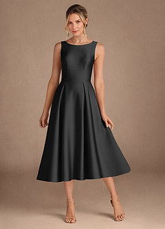 Azazie Fulton At-home Try On Dresses Black A-Line Pleated Stretch Satin Dress image1