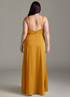 Azazie Brielle Bridesmaid Dresses Butterscotch A-Line Cowl Spaghetti Straps Stretch Satin Dress image7