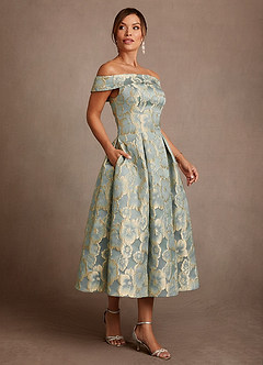 Azazie Centralia vestidos de madre de la novia Vestido de Jacquard Azul Agua de Jacquard Floral de Corte en A con Vestidos sin tirantes image2