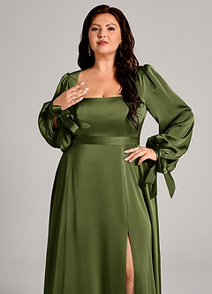 Azazie Leonia Bridesmaid Dresses Olive A-Line Long Sleeve Stretch Satin Dress image2