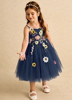Azazie Osea Flower Girl Dresses Dark Navy Ball-Gown Pleated Tulle Dress image3