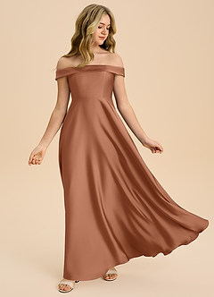 Azazie Sissy Junior Abito A-Line in Raso Elasticizzato a Spalla Scoperta Bronzo image5