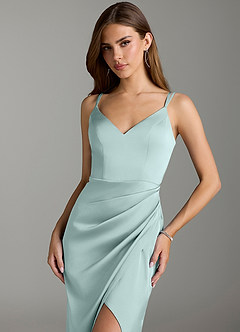 Azazie Leo Bridesmaid Dresses Sea Glass Sheath Pleated Stretch Satin Dress image5