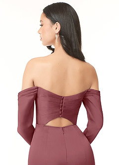 Azazie Hallie Bridesmaid Dresses Desert Rose Sheath Off-The-Shoulder Long Sleeve Stretch Satin Convertible Dress image7