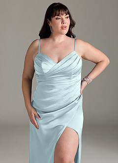 Azazie Yola Bridesmaid Dresses Mist Sheath V-Neck Pleated Stretch Satin Convertible Dress image14
