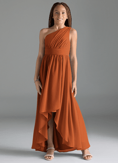 Azazie Mathilda Junior Cinnamon A-Line Pleated Chiffon Dress image1