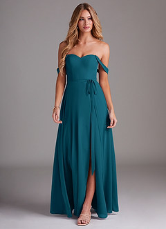 Azazie Aaron Bridesmaid Dresses Ink Blue A-Line Off the Shoulder Chiffon Convertible Dress image4