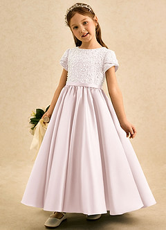 Azazie Cashew Flower Girl Dresses Blushing Pink Ball-Gown with Sleeves Matte Satin Dress image3