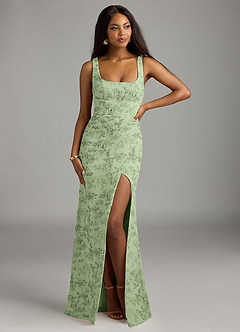 Azazie Mero Bridesmaid Dresses Green Fern Floral Sheath Pleated Chiffon Dress image4
