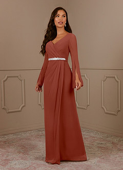 Azazie Belinda Mother of the Bride Dresses Auburn A-Line V-Neck Pleated Chiffon Dress image1