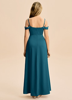 Azazie Lettie Junior Jurk van Stretch Satijn met A-Lijn Off-shoulder Inkt Blauw image3