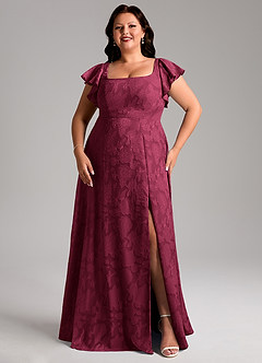 Azazie Bondi Bridesmaid Dresses Burgundy A-Line Side Slit Floral Burnout Dress image4