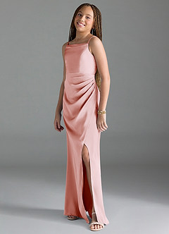 Azazie Leonis Junior Blushing Pink A-Line Pleated Stretch Satin Dress image4