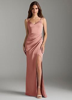 Azazie Leo Bridesmaid Dresses Rosette Sheath Pleated Stretch Satin Dress image1