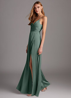 Azazie Calissa Bridesmaid Dresses Sea Moss A-Line V-Neck Pleated Stretch Satin Dress image4