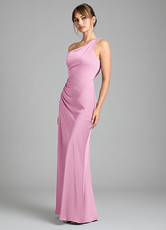 Azazie Madelyn Bridesmaid Dresses Candy Pink Mermaid One Shoulder Stretch Satin Convertible Dress image6