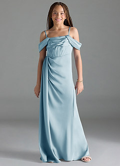 Azazie Amyra Junior Sky Blue Sheath Off the Shoulder Stretch Satin Dress image1