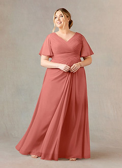 Azazie Morning Glory Mother of the Bride Dresses Salmon Pink A-Line V-Neck Ruched Chiffon Dress image5