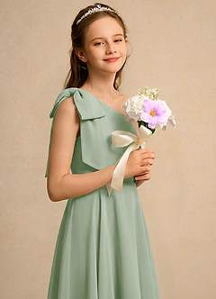 Azazie Guppy Girls Formal Robe Demoiselle D'honneur Fillette Robe Trapèze en Mousseline de soie Une épaule Vert Sauge image4
