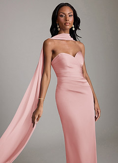 Azazie Sonora Vestidos de damas de honor Vestido de Rosa Empolvado de Satén Elástico de Corte Recto con Sin tirantes image4