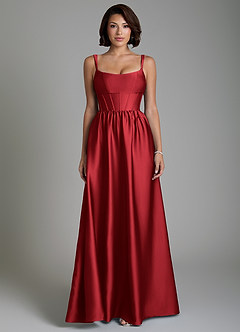 Azazie Mona Bridesmaid Dresses Scarlet A-Line Corset Stretch Satin Dress image4