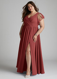 Azazie Zella Robes de demoiselle d'honneur Robe Trapèze en Mousseline de soie Dentelle Terracotta image3