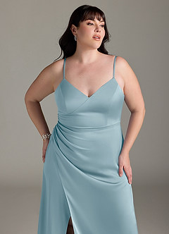 Azazie Marchella Vestidos de damas de honor Vestido de Azul Malhumorado de Satén Elástico de Corte en A con Corsé image11