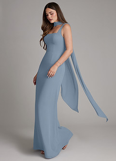Azazie Katya At-home Try On Dresses Dusty Blue Mermaid Square Neckline Chiffon Convertible Dress image4