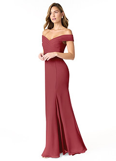 Azazie Lecia Jurken voor bruidsmeisjes Converteerbaar Jurk van Chiffon met rijk Off-the-shoulder geplooid Granaatappel image3