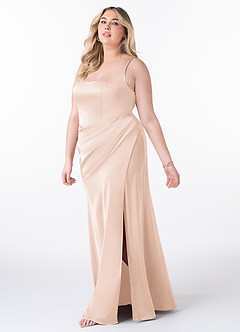 Azazie Mero Vestidos de damas de honor Vestido de Rosa Rubor de Satén Elástico de Corte Recto con Plisado image8