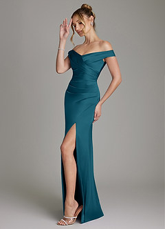 Azazie Teyana Bridesmaid Dresses Ink Blue Sheath Off the Shoulder Stretch Satin Dress image5