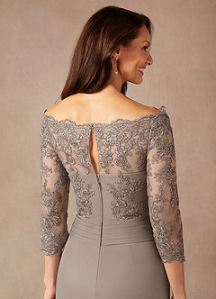 Azazie Rhonda Mother of the Bride Dresses Taupe Mermaid Off the Shoulder Mesh Dress image8