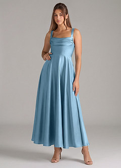 Azazie Shaude Bridesmaid Dresses Steel Blue A-Line Pleated Stretch Satin Dress image1